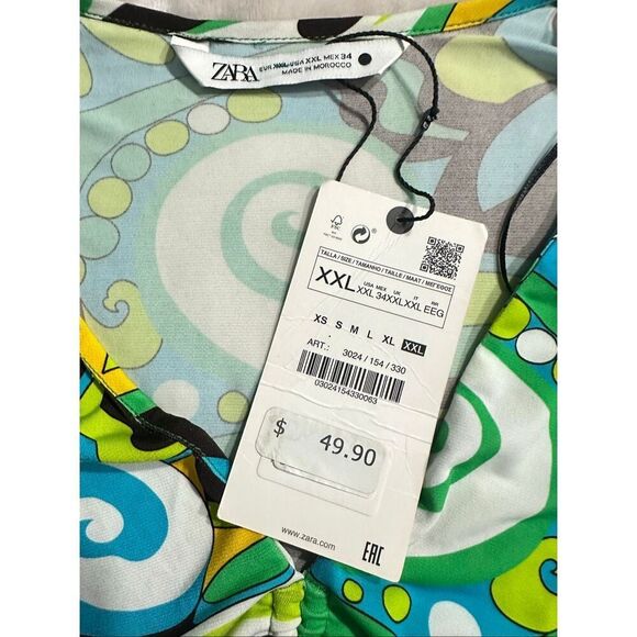 Brand New Zara Women’s Size 2XL XXL Green Retro Print Blouse Top Long Sleeve - Picture 4 of 7